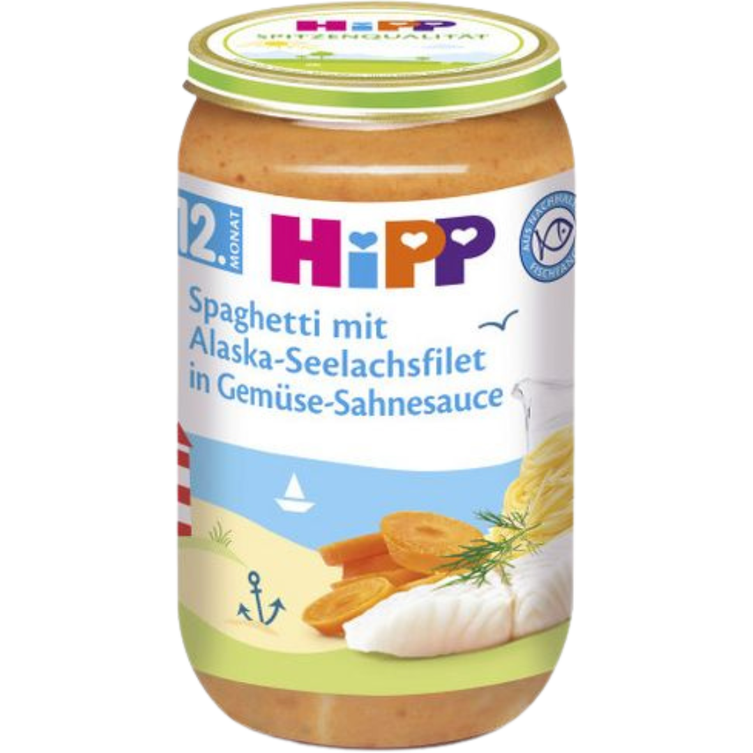 Spaghetti, Alaska-Seelachsfilet in Gemüse-Sahnesauce