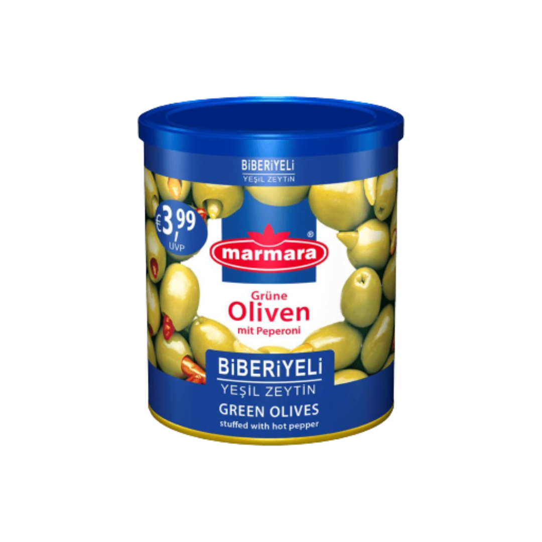 Grüne Oliven (mit scharfer Peperoni)